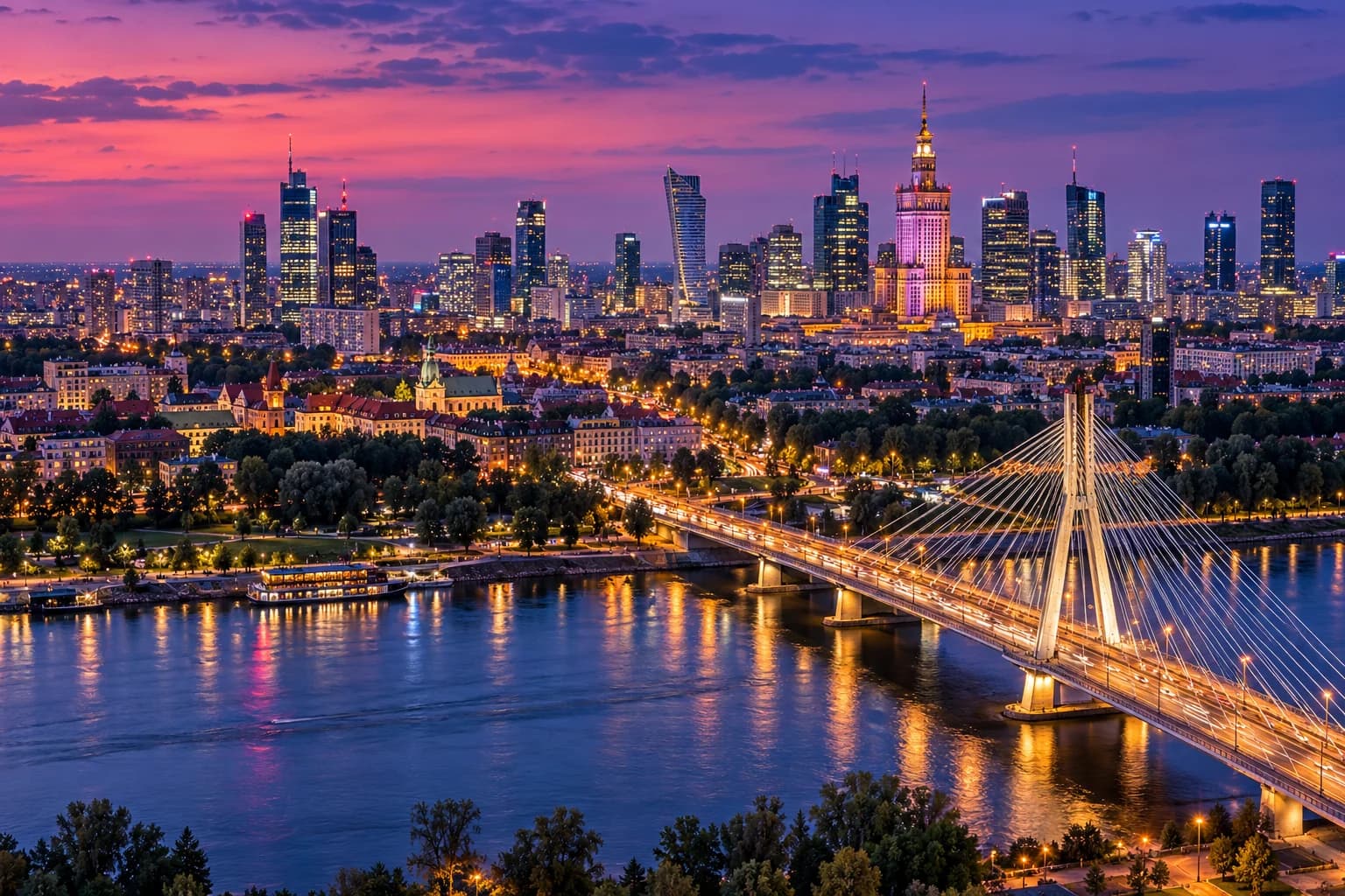 Panorama Warszawy z Wisłą i Pałacem Kultury i Nauki o zmierzchu — ilustracja