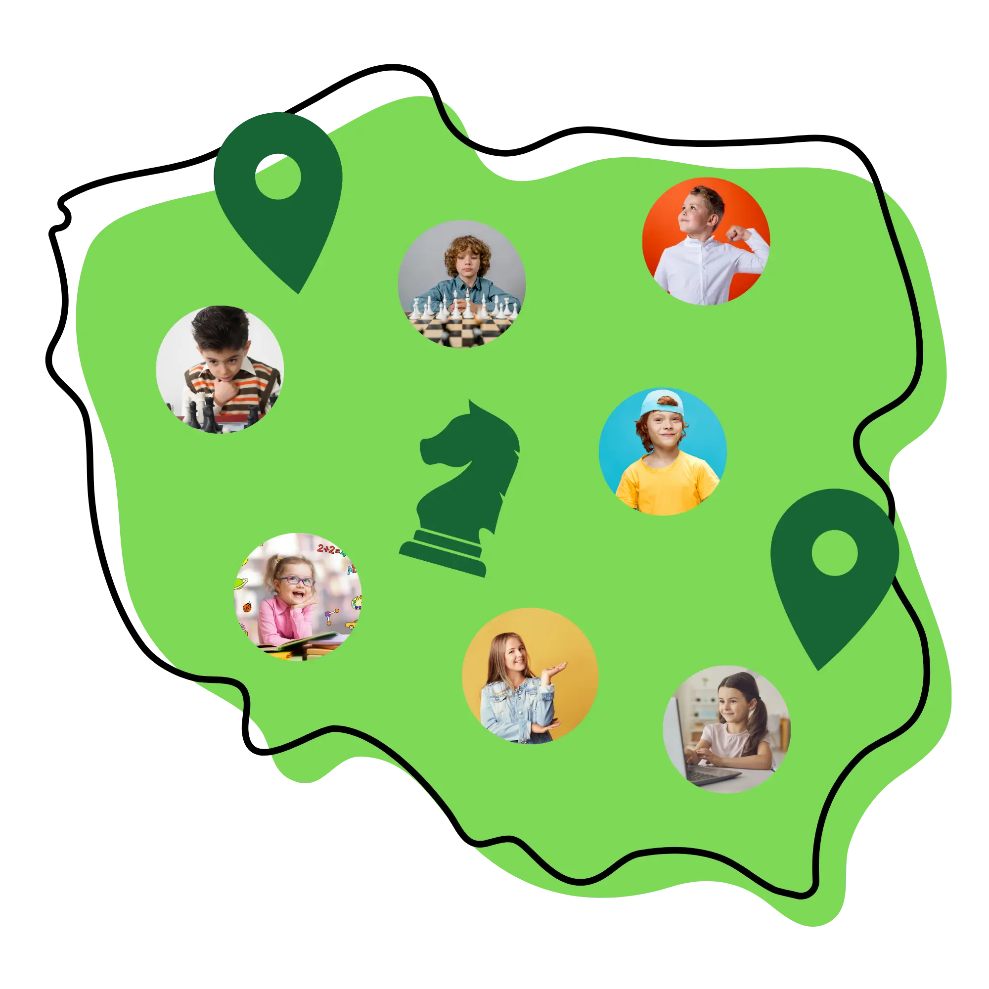 Mapa Polski z dziećmi uczącymi się gry w szachy - zasięg Akademii Szachowej